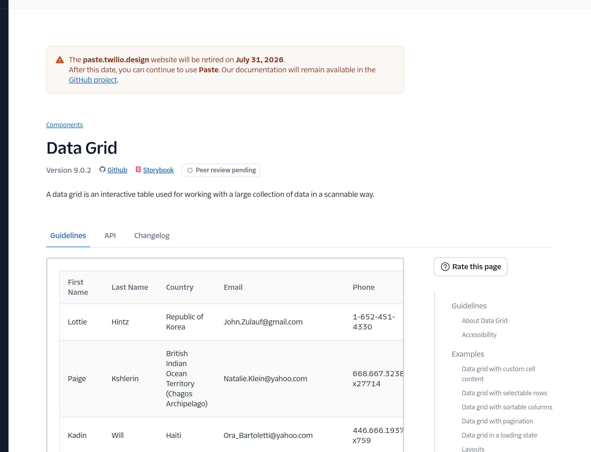 Paste DataGrid documentation