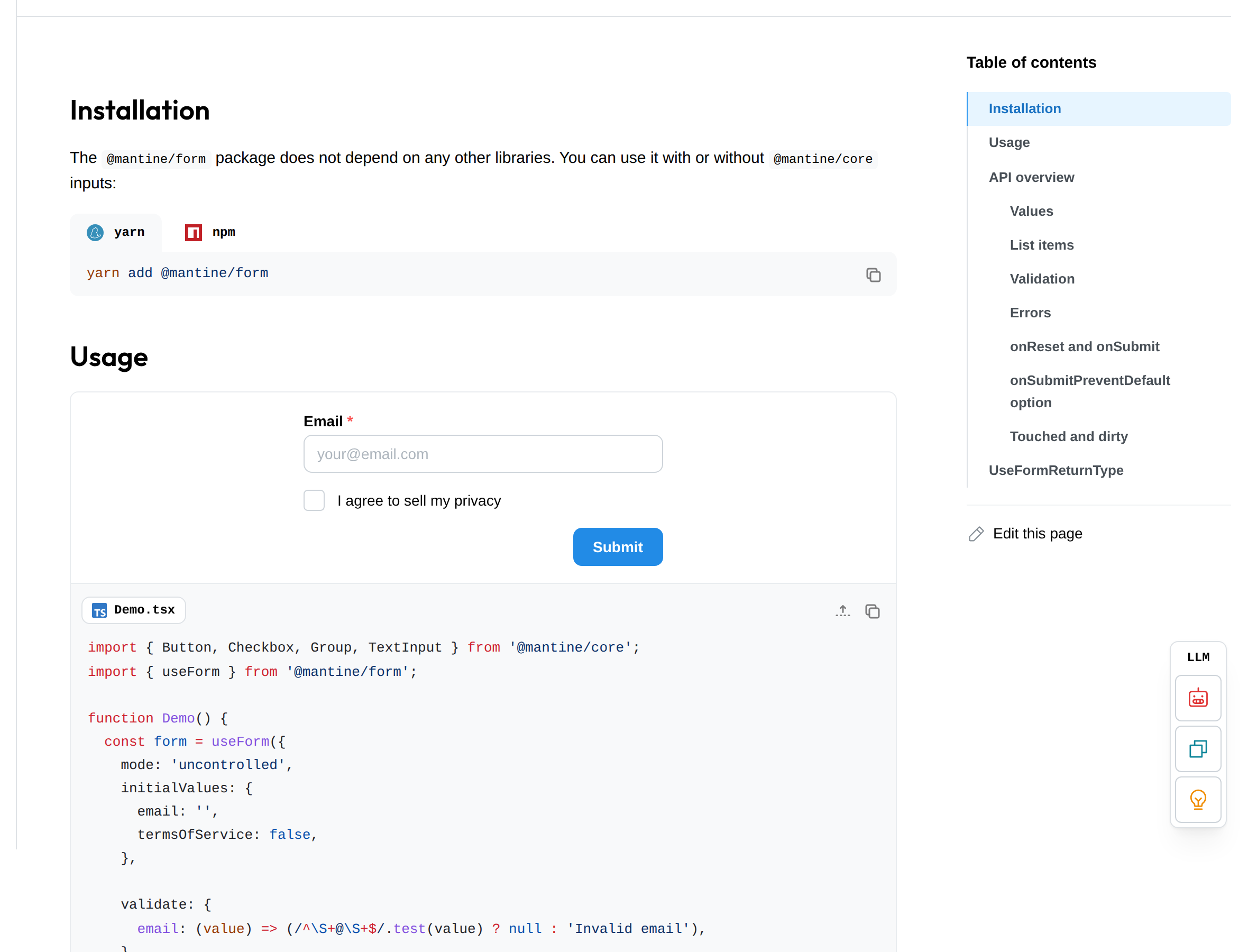 Mantine useForm documentation