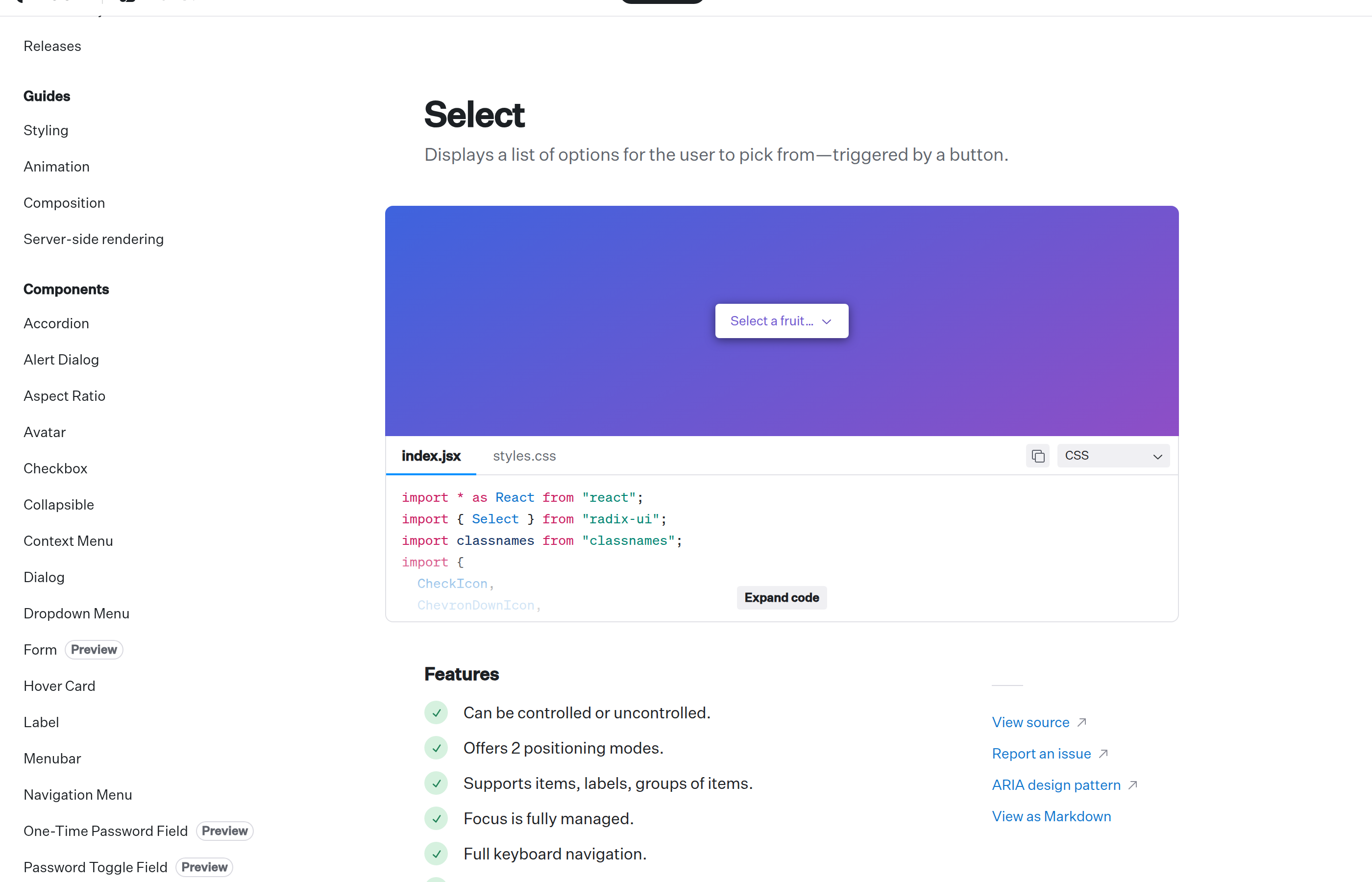 Radix UI Select documentation